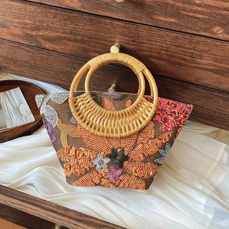 Cotton linen cylinder bag with sequin embroidery in lavender