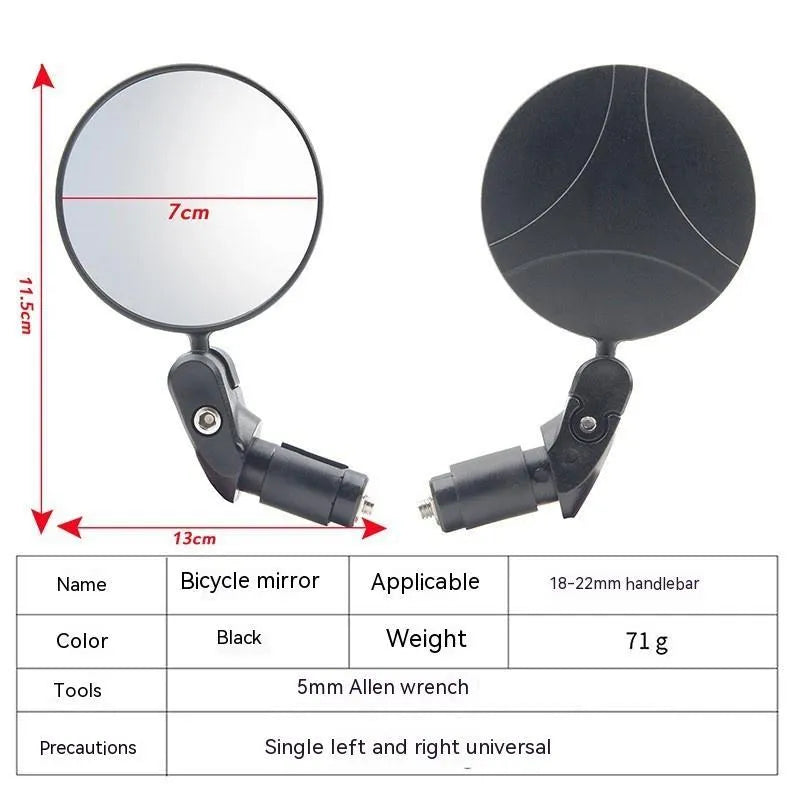 Black foldable convex rearview mirror showing 7cm diameter reflector and 14cm length adjustable arm.