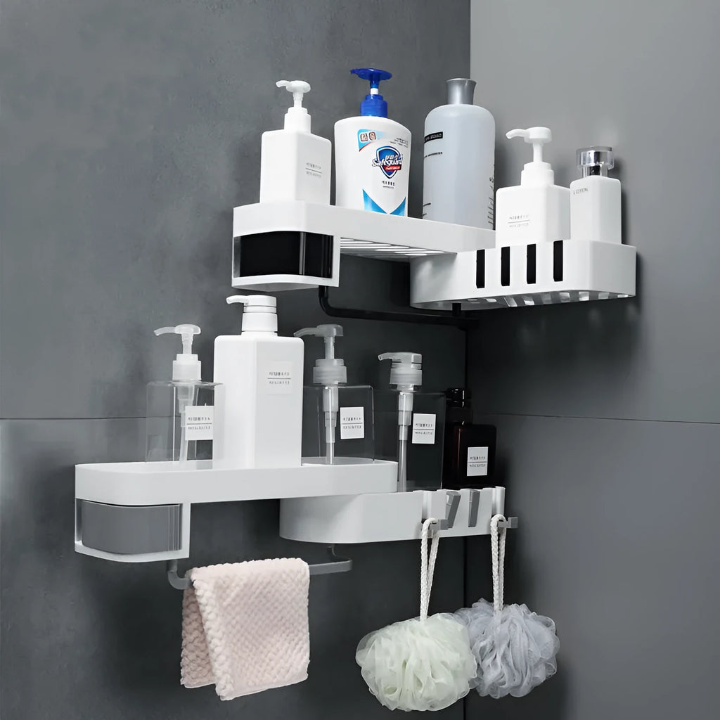 Plastic bathroom corner shelf in black and white colour, adhesive wall mounted in shower corner holding shampoo bottles