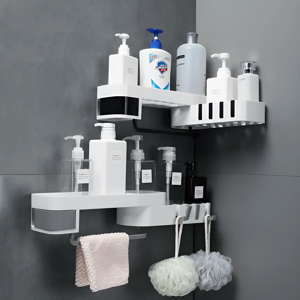 Plastic bathroom corner shelf in black and white colour, adhesive wall mounted in shower corner holding shampoo bottles