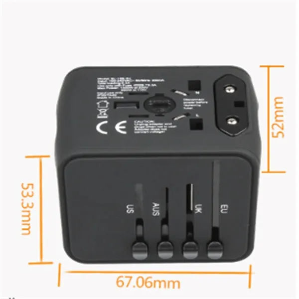 Multi-function universal travel adaptor socket with USB charging, PC shell, compact design, black colour
