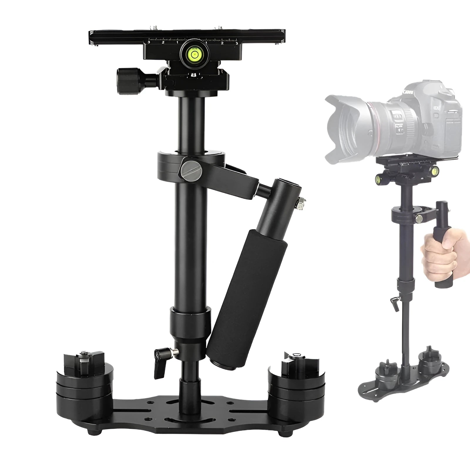 Black aluminium handheld camera stabilizer S40 S60 shown with adjustable height and comfortable grip.