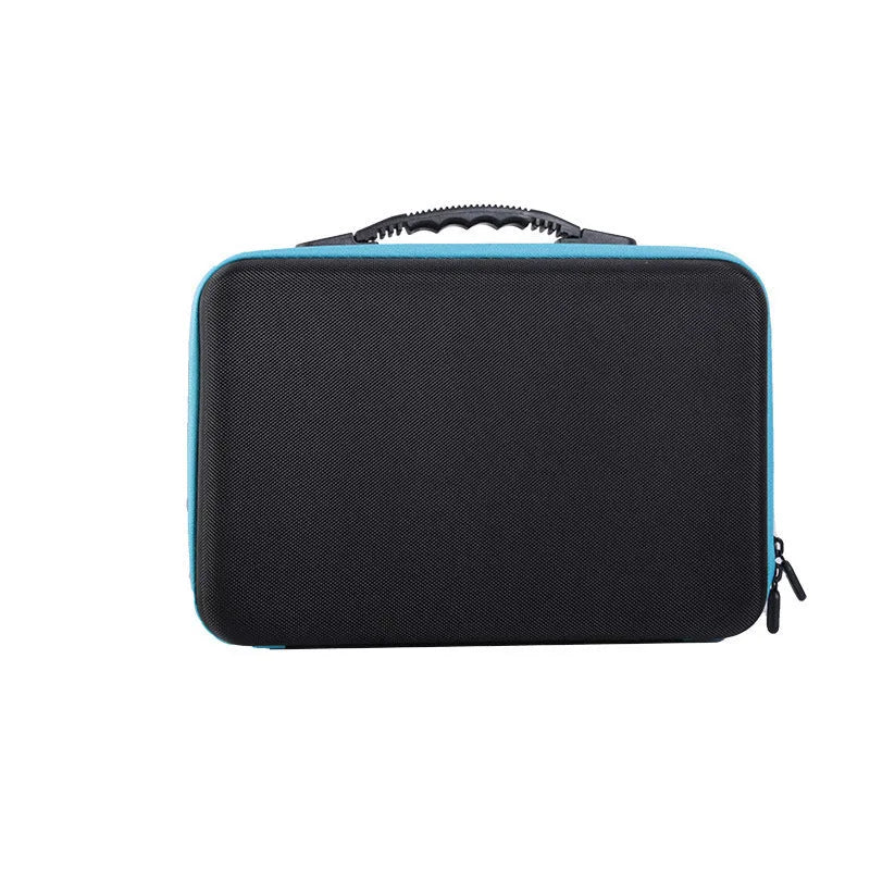 EVA seed storage box in blue with cubic design, open to show multiple grids with seed bags, tweezers, and funnel