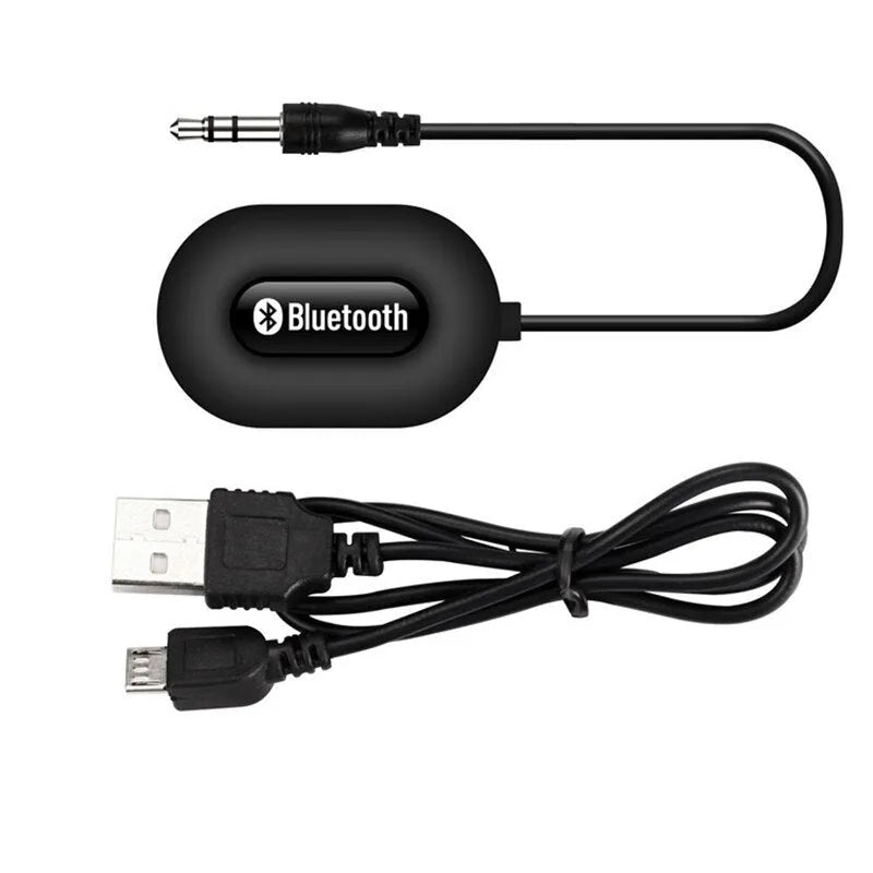 Black B5 Bluetooth music receiver with 3.5mm audio cable and USB charging cable