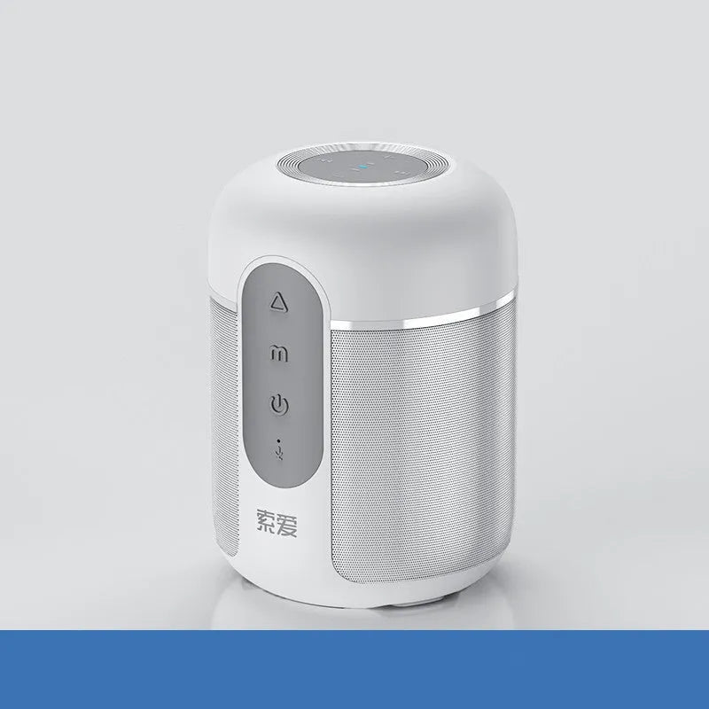 Black portable wireless Bluetooth speaker showing front grille and compact size.