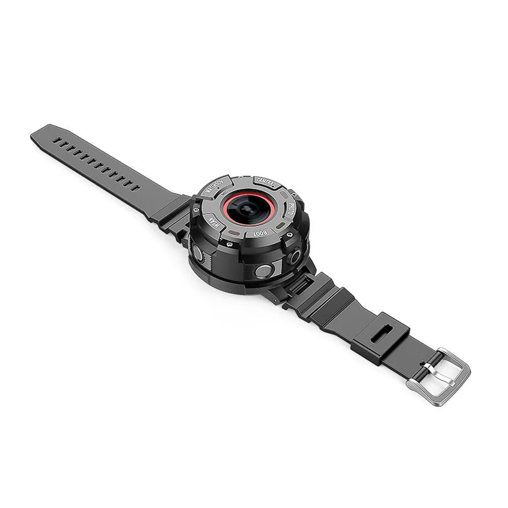 Black waterproof sports digital camera showing front view with lens and display