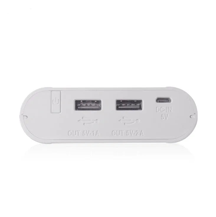 Black and white DIY mobile power box kit for 4x18650 batteries with LCD screen and dual USB outputs.