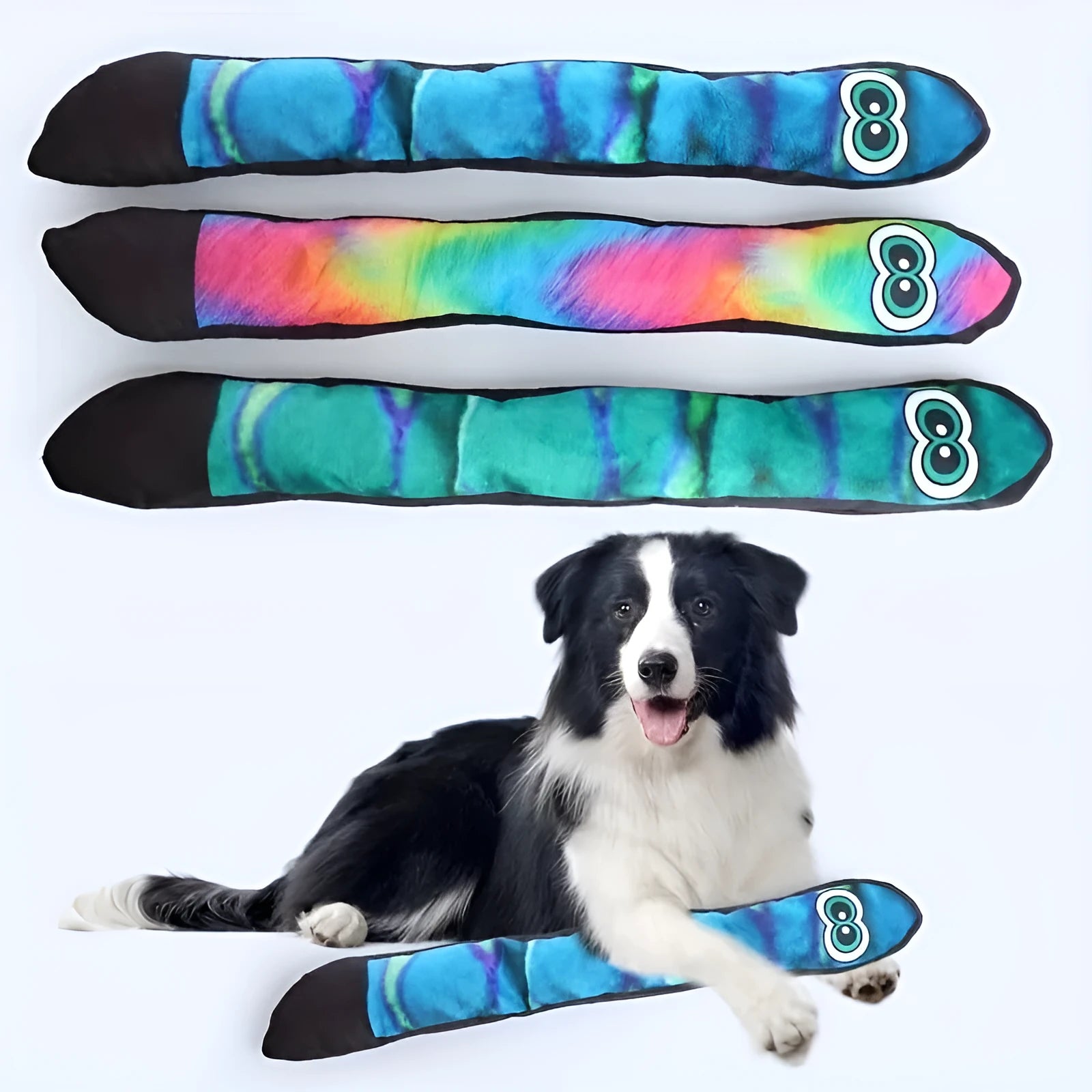 Snake-shaped plush dog squeak toy with printed stripes in multiple colour options