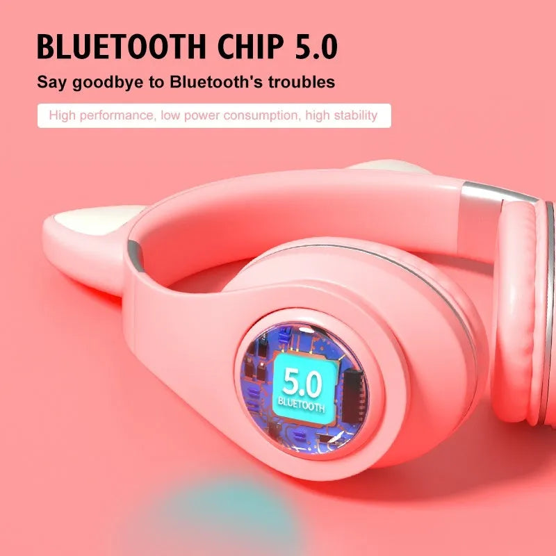 Cat ear style wireless Bluetooth sports headset shown in multiple colour options including pink, blue, and black.
