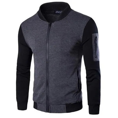Men's patchwork sleeve jacket with zip front in black, gray, or PU gray, sizes M to XXXL