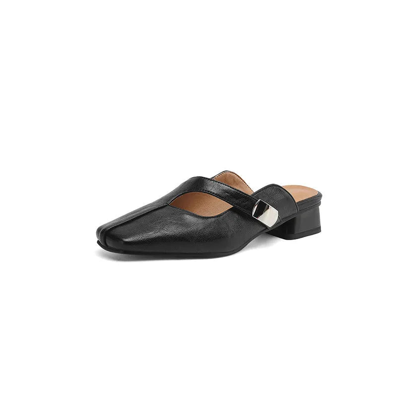 British style square toe low heel outdoor slippers in black, beige and silver colours.
