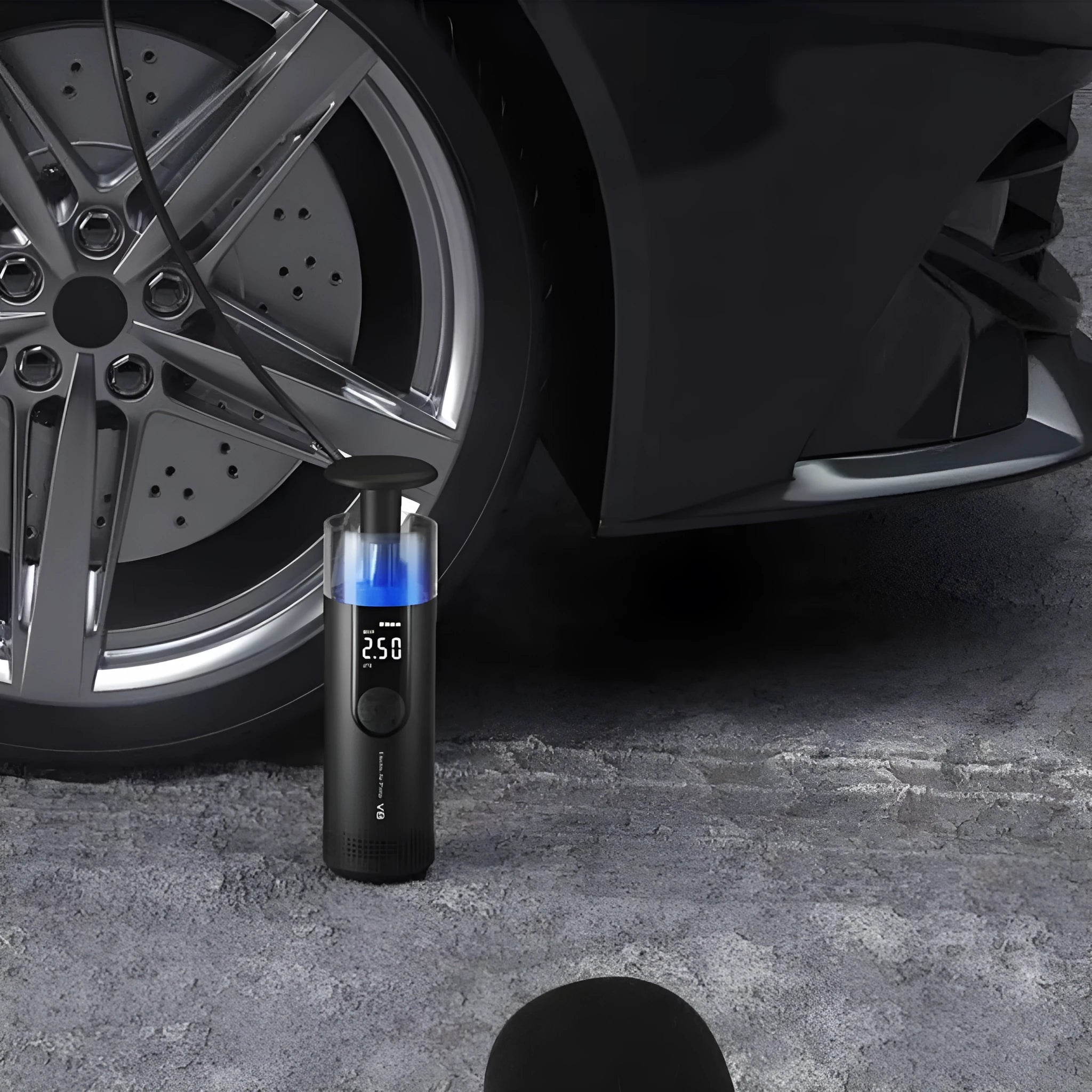 Wireless digital display car tyre air pump with extended cable and LED warning light