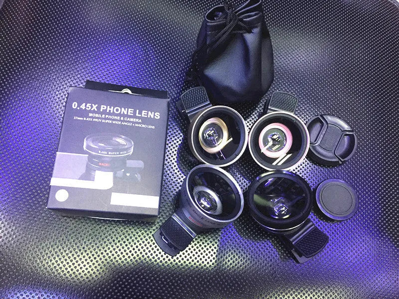 Mobile phone lens kit with wide angle, macro, and telephoto lenses in aluminium alloy frames with universal clip mount