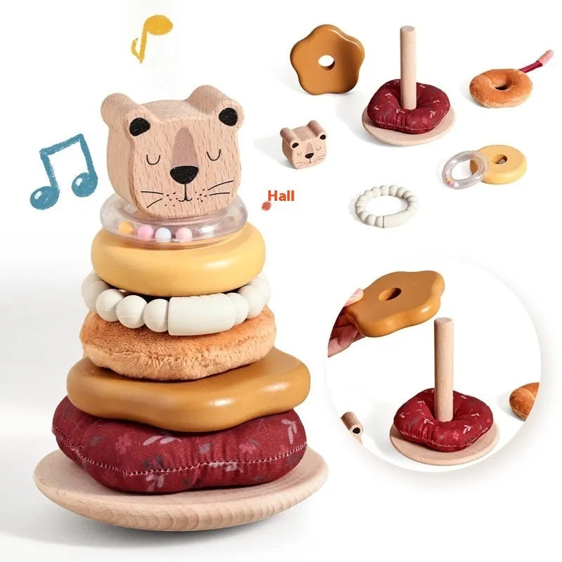 Wooden lion set column puzzle toy with colourful sleeve column for children aged 4-6