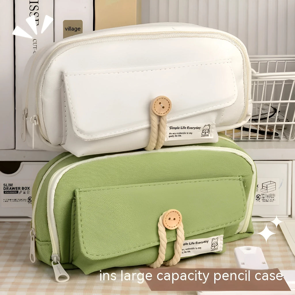 Canvas pencil case in green, beige, blue, or grey storing about 80 pens