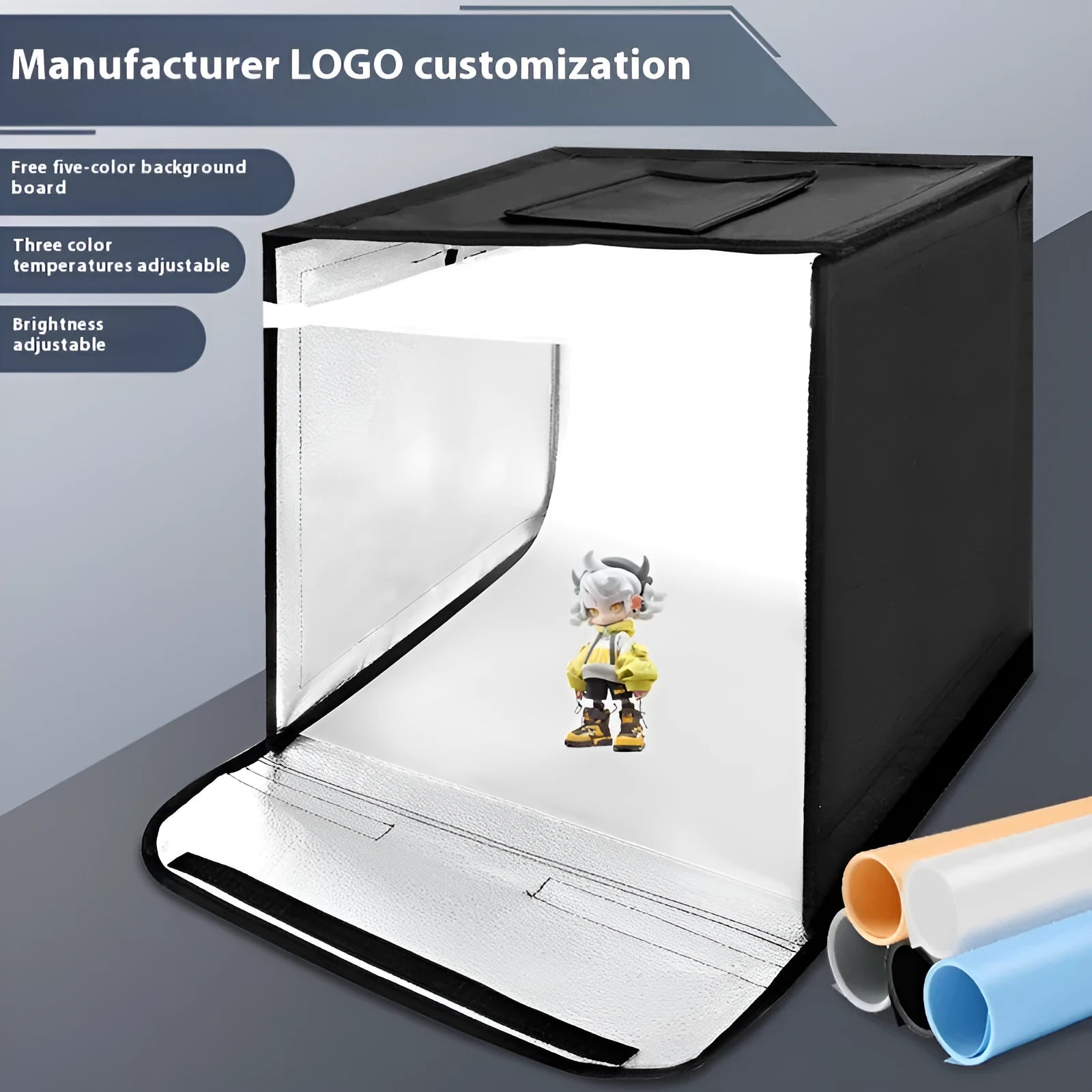 50cm studio light box with USB plug and three-colour temperature light board folded for storage.