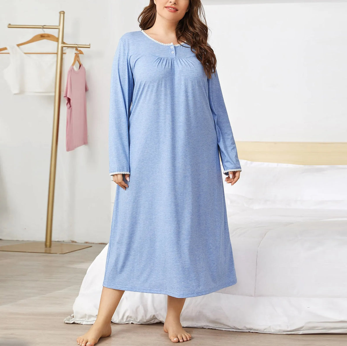 Women's light blue lace stitching pleated long-sleeved nightdress in plus size 1XL to 4XL