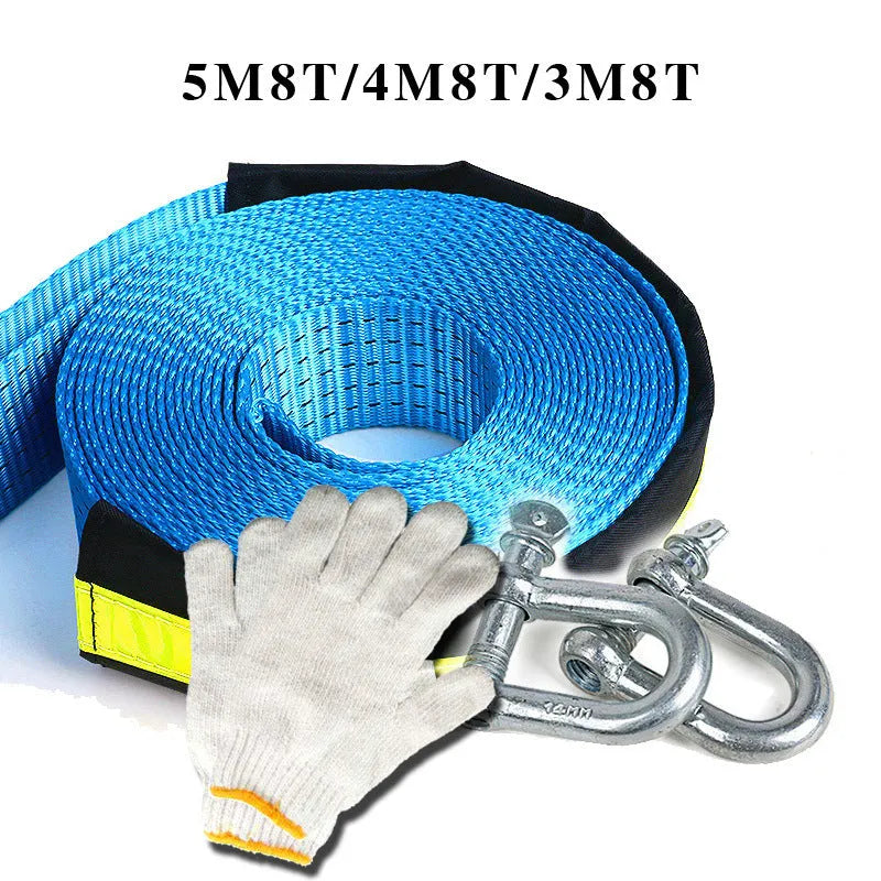 Blue 5-metre 8-ton polyester tow rope with hook fixings on both ends for car towing and rescue