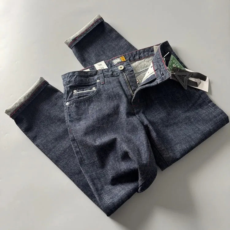 Men's primary colour straight-leg denim jeans with a mid-waist retro style on a white background.