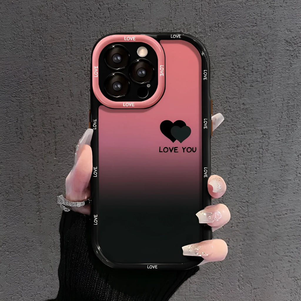 Cream coloured acrylic phone case with black gradient love heart design, showing fine-hole cut-outs for ports.