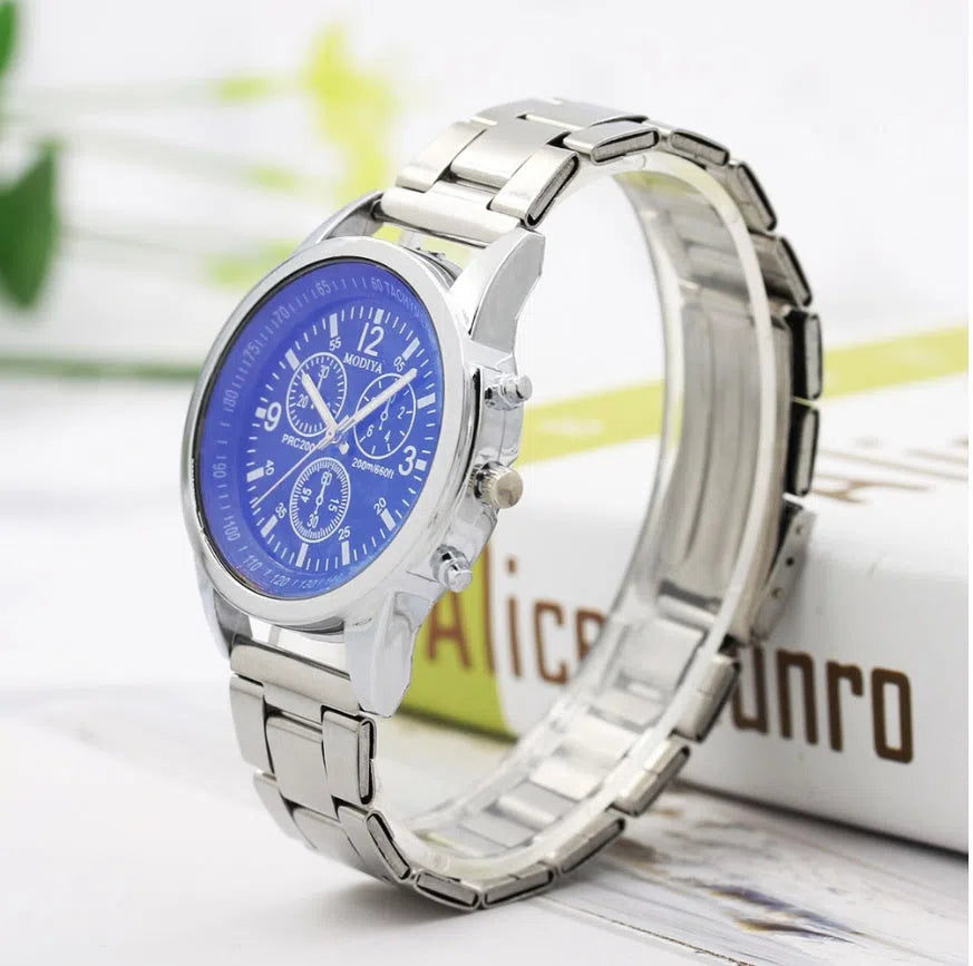 Blu-ray Gift Steel Band Watch with black dial, alloy strap, and folding buckle on a white background