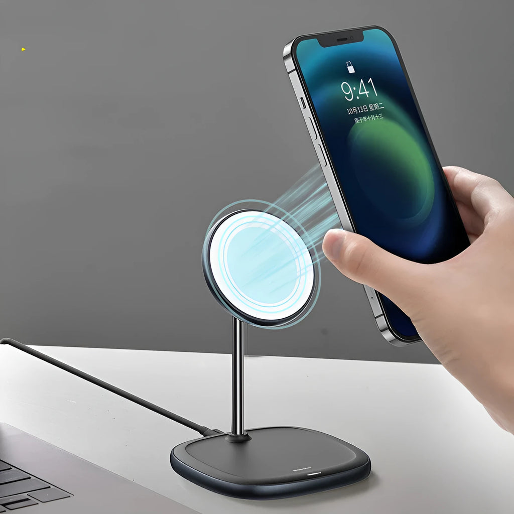 Swan Magnetic Desktop Stand Wireless Charger for iPhone 12 in black or white with Type-C cable