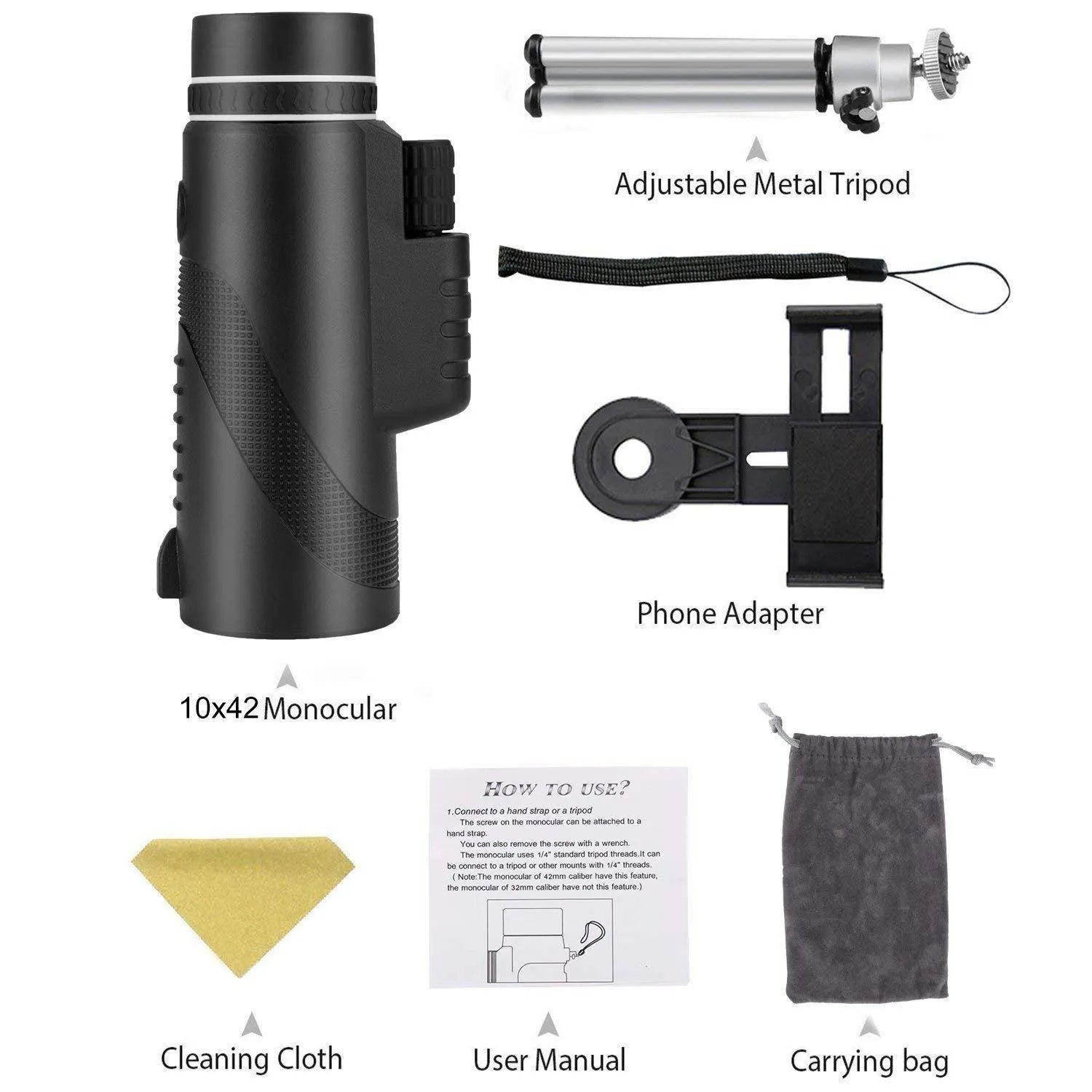 Black 40x60 smartphone monocular telescope with mounting adapter on a phone for HD observation.