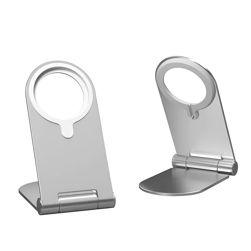 Silver vertical adjustable magnetic phone bracket for iPhone 12 series on a flat surface.
