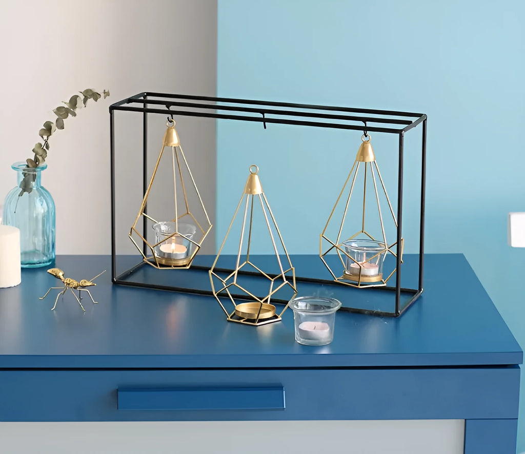 Set of six Nordic iron candle holders in various styles for block candles on a wooden shelf
