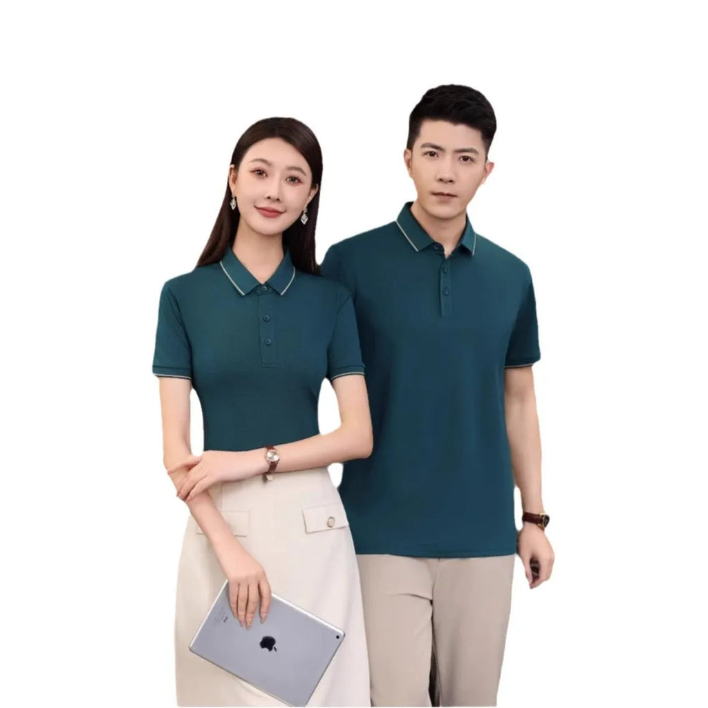 Men's light green loose-fit polo shirt with short sleeves and a single collar lapel, laid flat.