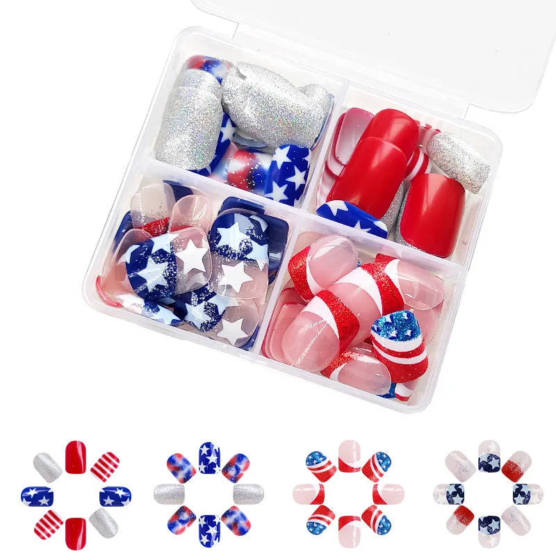 False nails with American flag and star design in red, white, and blue colours, short European square shape
