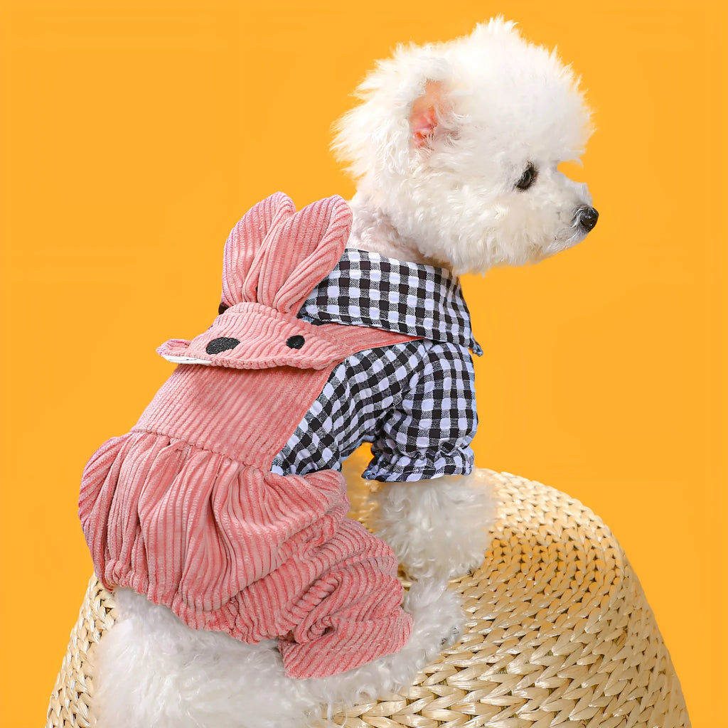 Four-legged plaid overalls for pets in polyester, black grid top, shown on a dog indoors