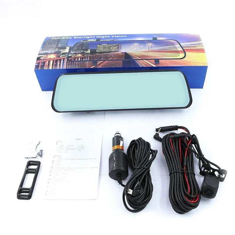 10-inch streaming media rearview mirror tachograph with front and rear dual lenses and touchscreen display
