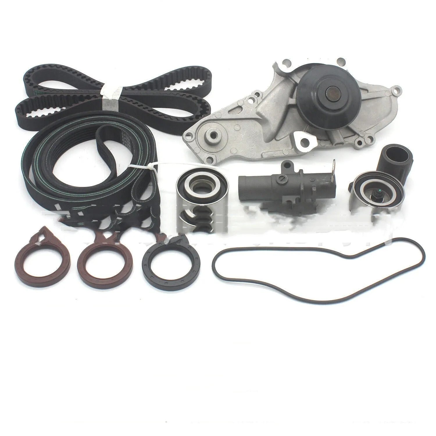 Truck engine belt and water pump replacement assembly kit with metal components