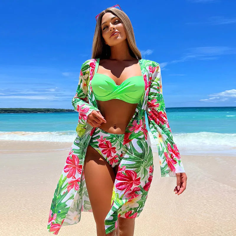 Women's printed nylon three-piece swimsuit set with top, pants, and coat in blue, green, and rose red