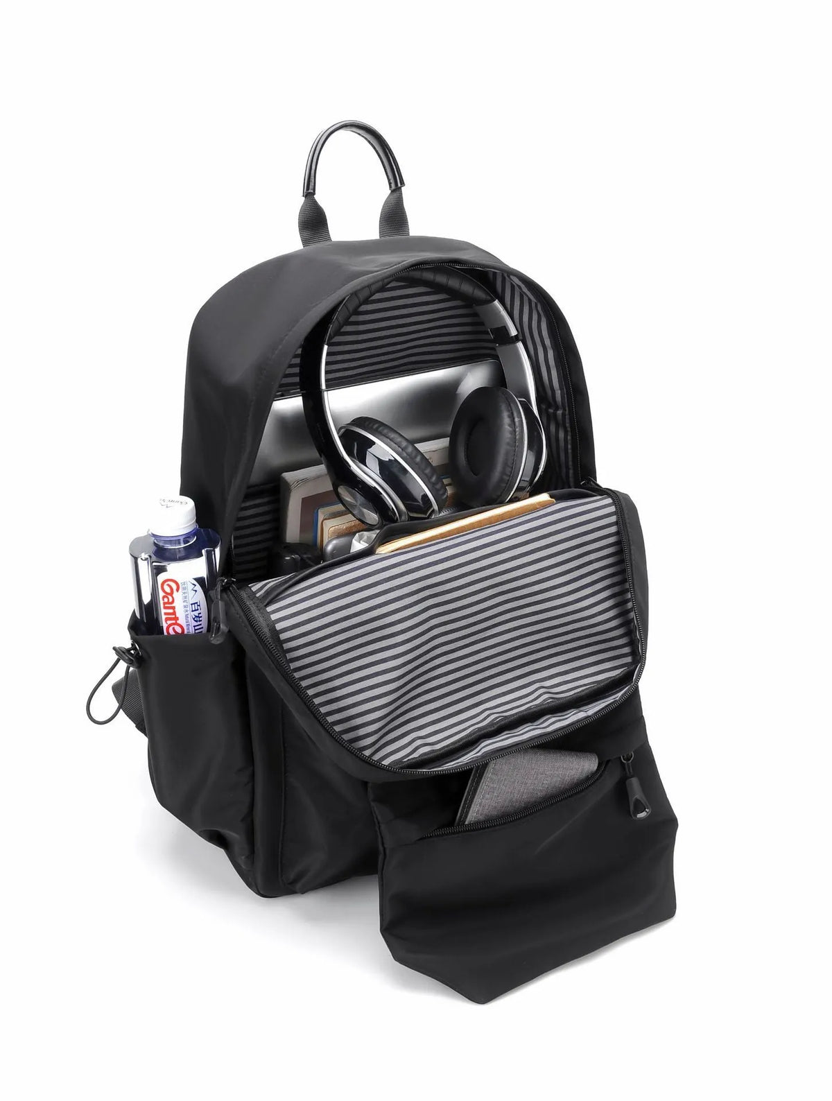 Blue Oxford cloth student backpack with anti-theft design and USB charging port, side view
