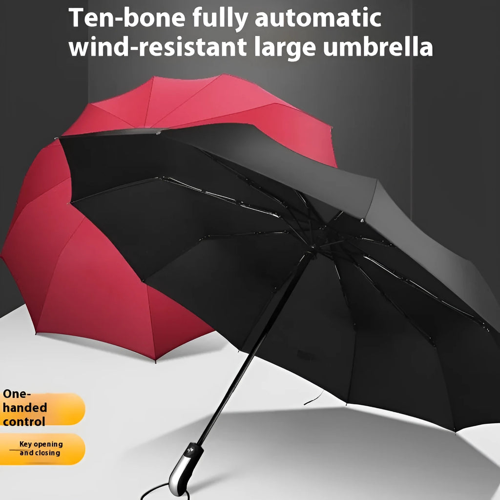 Black triple folding business umbrella with automatic opening mechanism and rubber handle