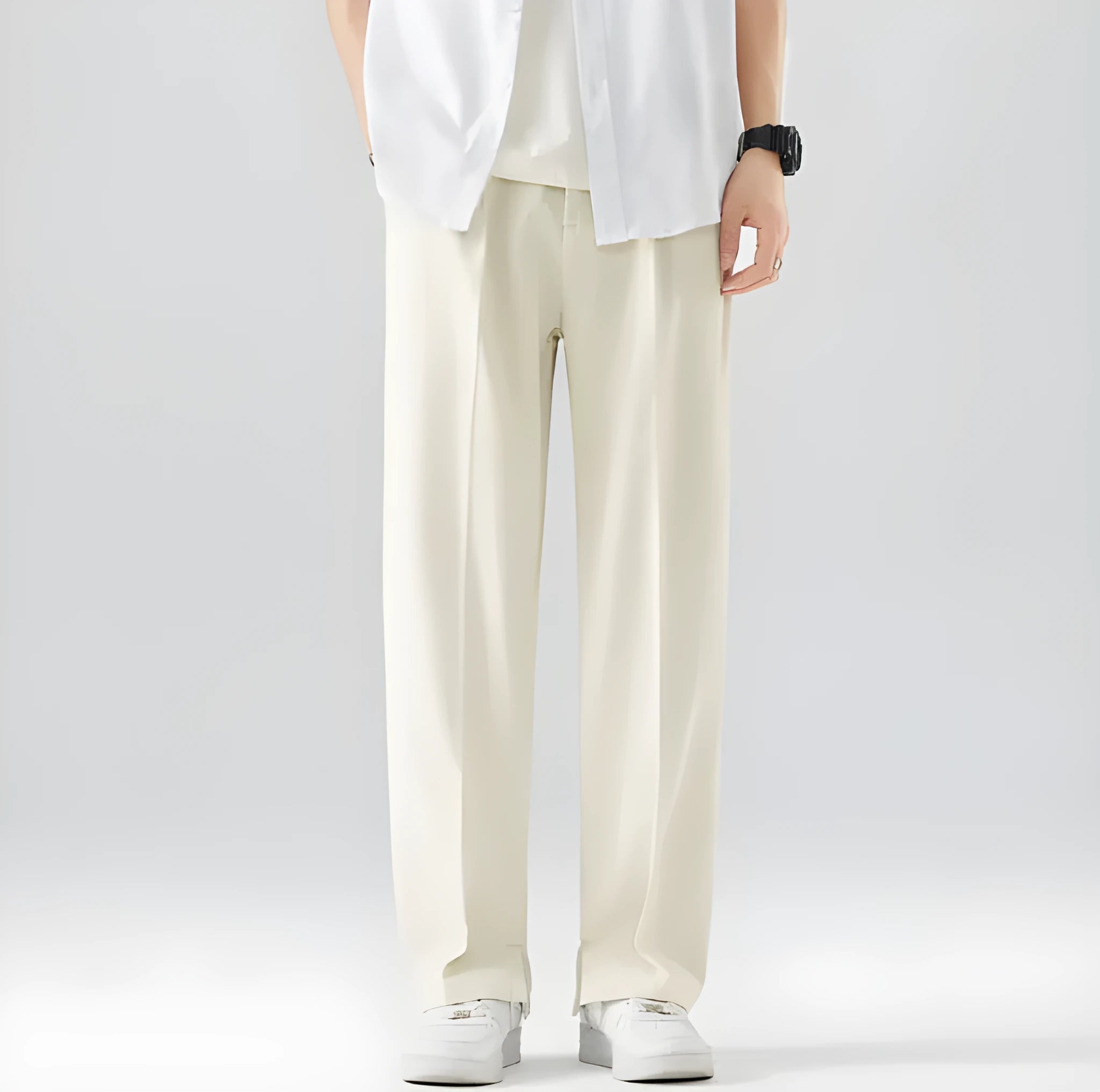 Men's loose straight ice silk casual pants in black, washed finish, side view