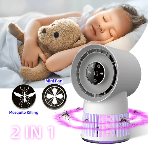 White USB rechargeable mini desk fan with mosquito killer function and LED light