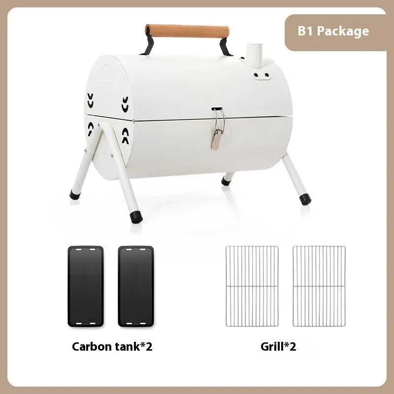White round chimney portable charcoal grill with frying and baking capabilities
