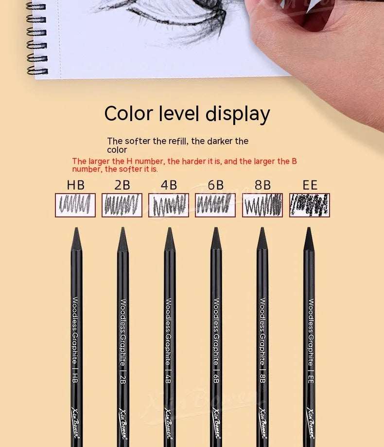 Wood-free graphite sketching pencils set showing six different hardness grades for art drawing