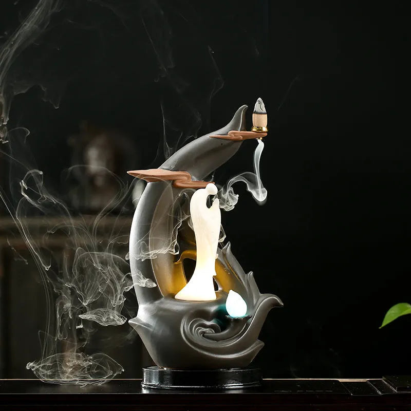 Purple sand tea pet backflow incense ornament with LED light, available in Guanyin and Tathagata styles