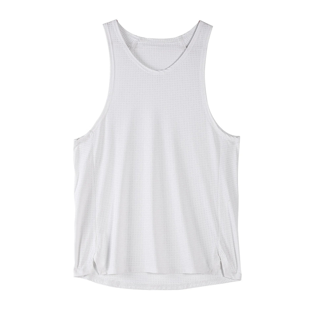 Men's black and white nylon sports vest with sleeveless design on size chart