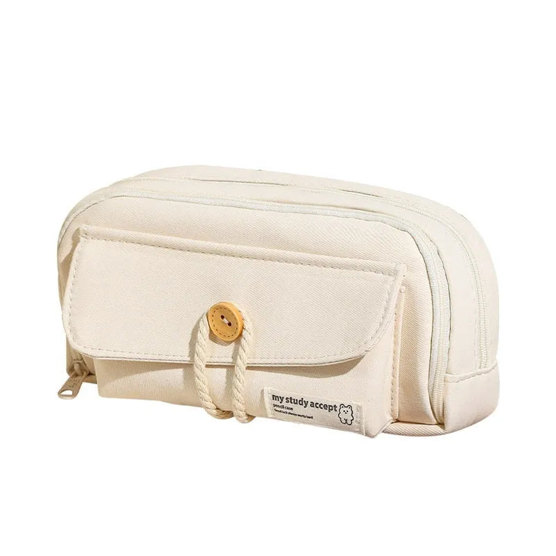 Canvas pencil case in green, beige, blue, or grey storing about 80 pens