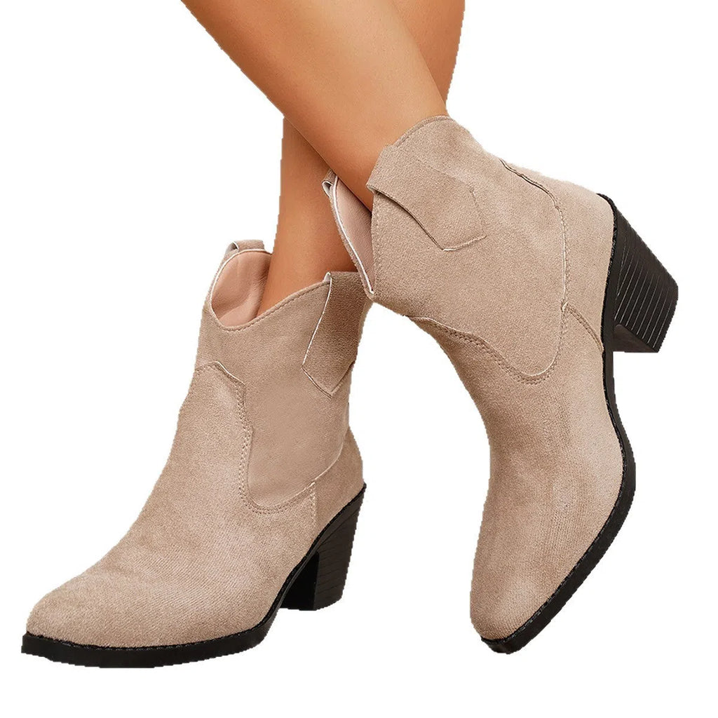 Women's suede ankle boots with a chunky heel and pointed toe in black