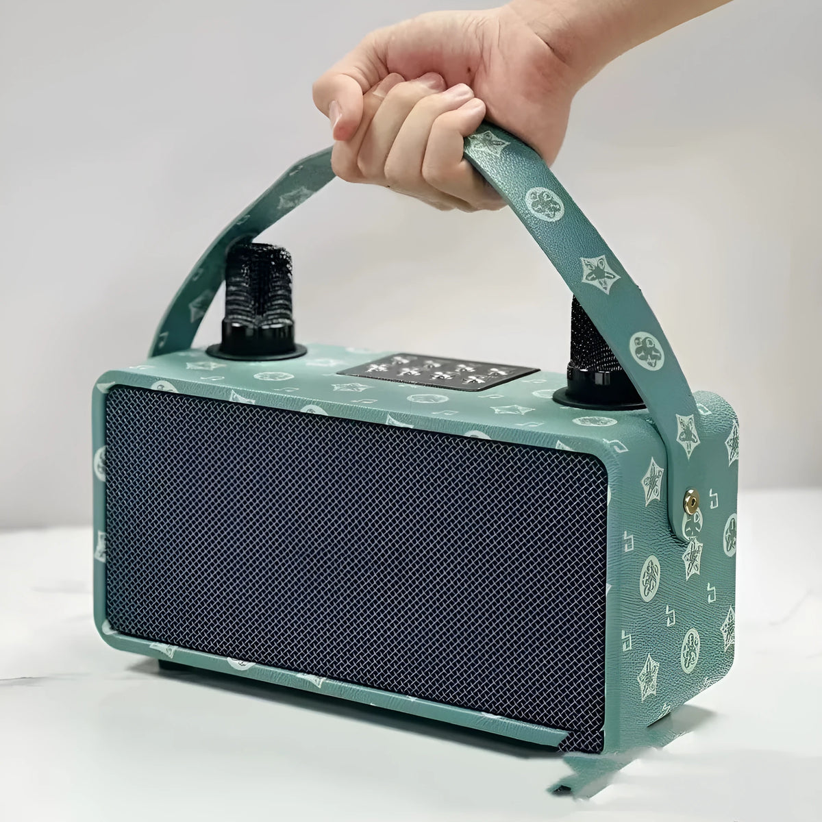 Black, square gray, or flower blue Bluetooth karaoke speaker with microphone, 20W, lithium battery, and card insertion.