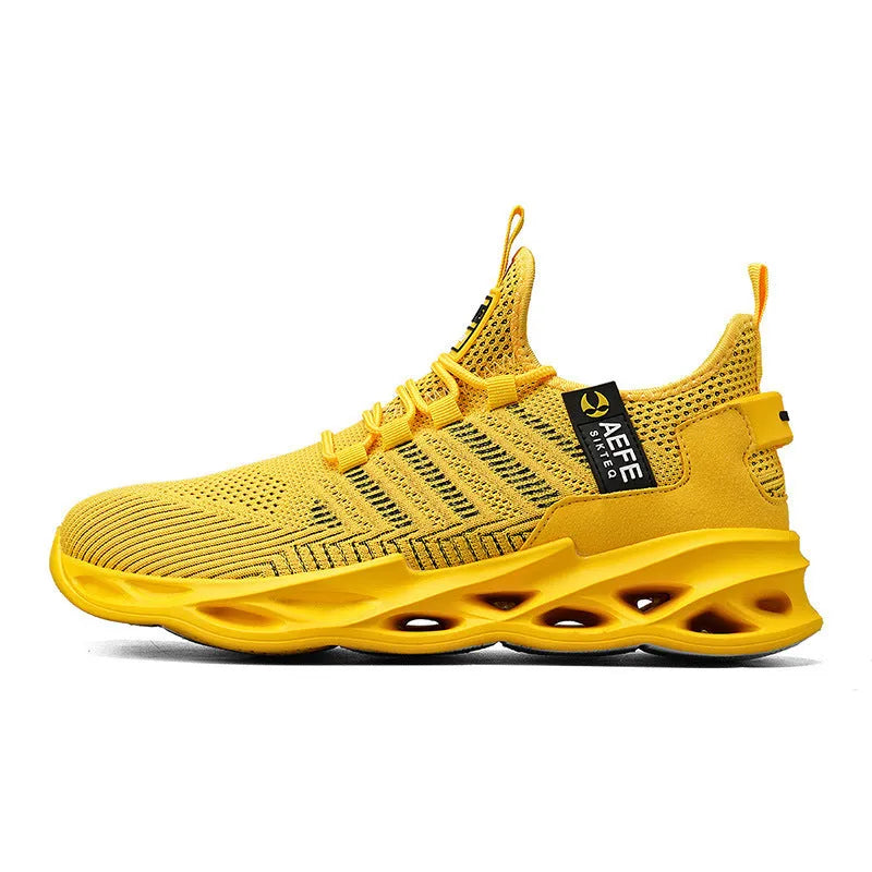 Men's mesh casual running shoes in Korean style with cross straps, available in black green yellow colours