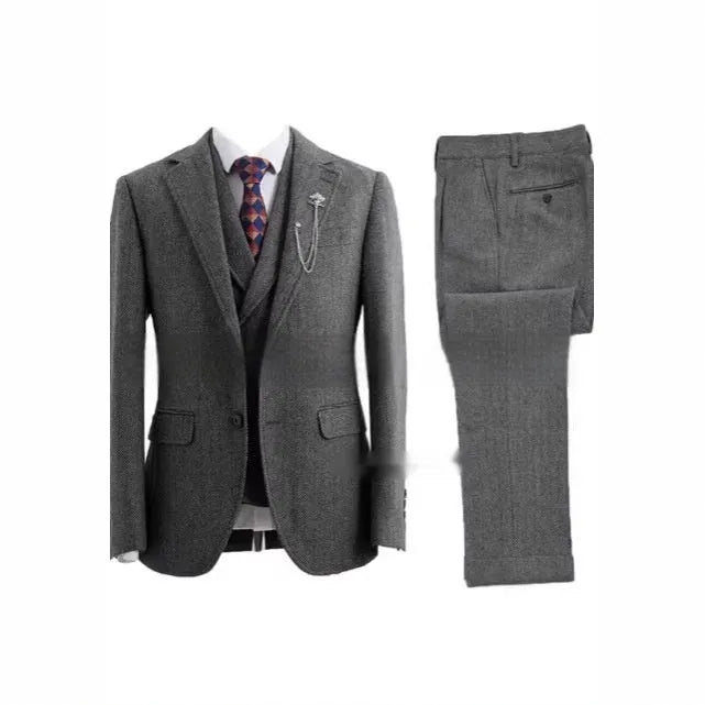 Men's slim-fit nylon three-piece suit in brown colour showing jacket, waistcoat and trousers