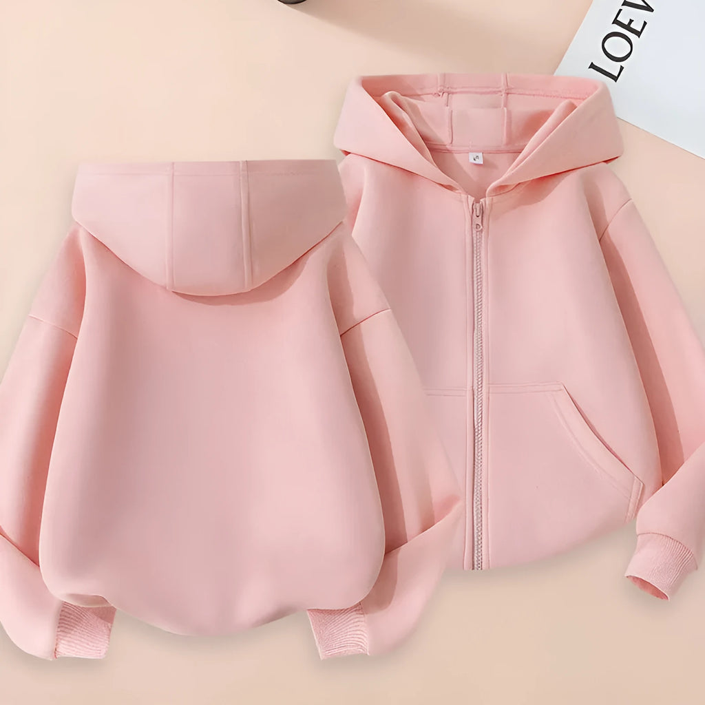 Girl's casual solid colour hoodie in light gray with zipper front, hood, and polyester lining, suitable for 100-160cm height