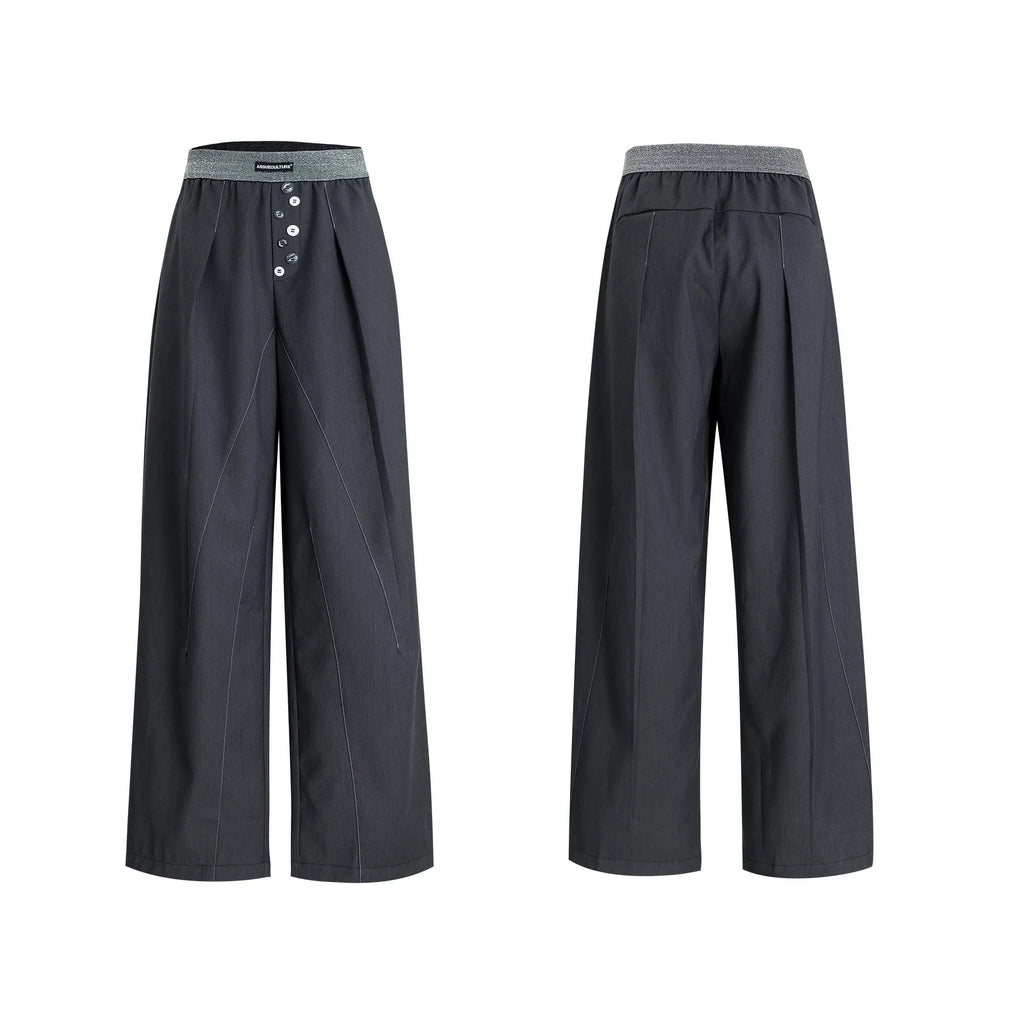 Straight-leg high-waisted casual trousers with button open line detail in black and grey colours